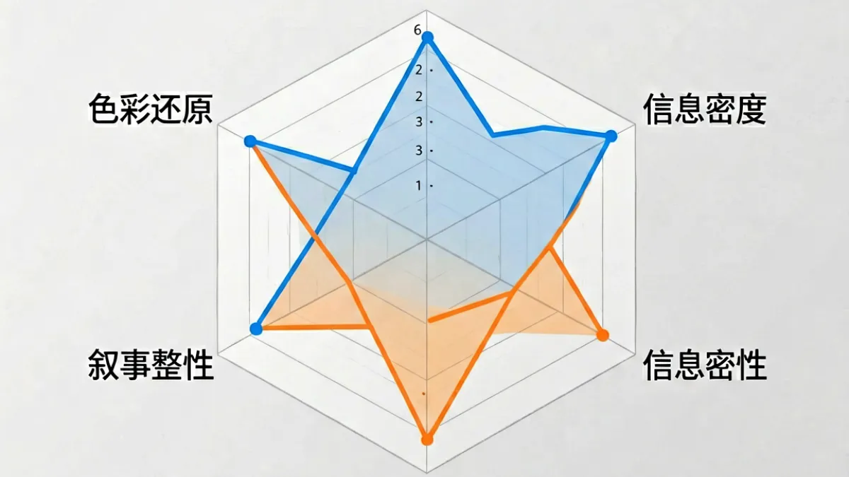 俺去也图片质量评估六维度雷达图，展示构图、色彩、信息密度、叙事性、原创性、适配场景六项评分分布