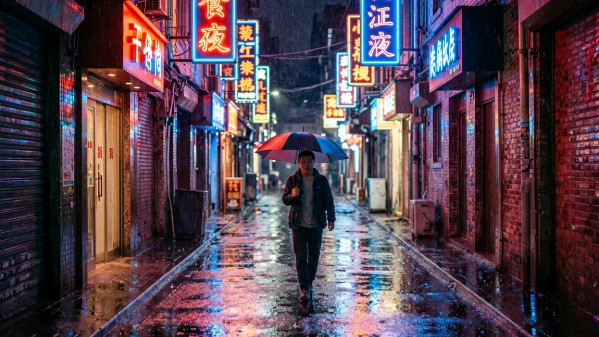 俺去也图片复古霓虹街头系列，深夜城市街道霓虹灯照亮地面积水倒影的场景