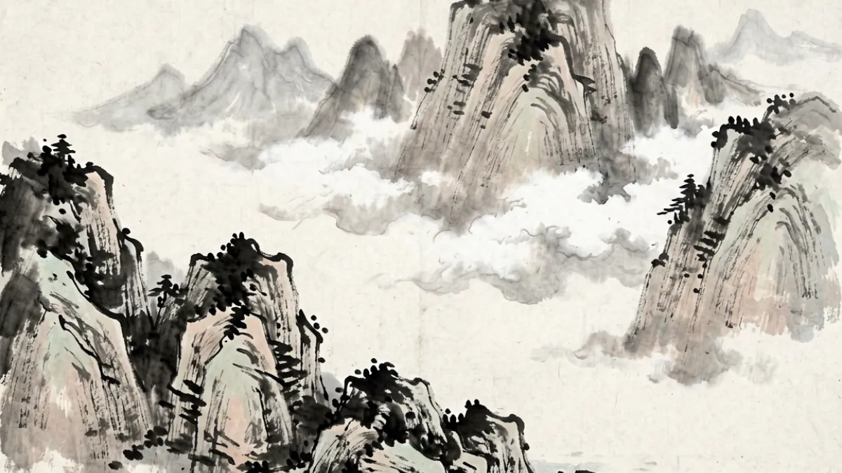 俺去也图片国风水墨山水长卷，云雾缭绕的山峰与远处淡墨渲染的宽幅画面
